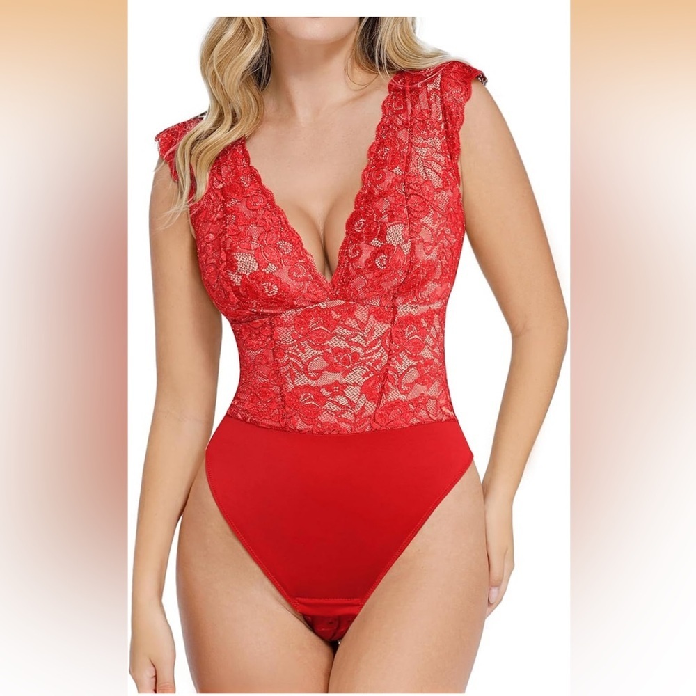 Popilush Lace Body Suits Tank Top Thong Shapewear Bodysuits RED 3XL/418-9